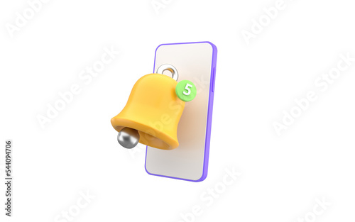 Smartphone notification bell ring app concept. Big yellow bell with message counter. 3d rendering