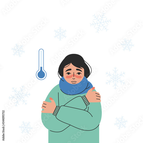 The freezing woman isolated. A person with a low-temperature thermometer and snowflakes in the background. Semi-flat vector illustration.