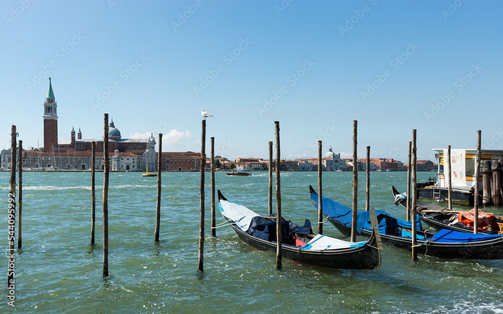 Gondole ormeggiate da pali di ormeggio in legno nel Canal Grande, Venezia, Italia