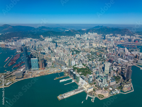 Drone fly over Hong Kong city