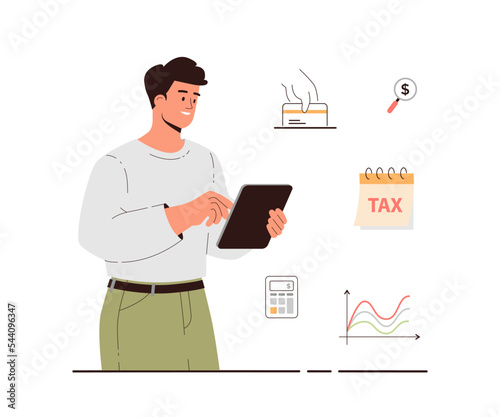 Online tax payment vector illustration. Government taxation concept. Tax calculation, making income tax return. Personal financial account. Young man pay bills via tablet.