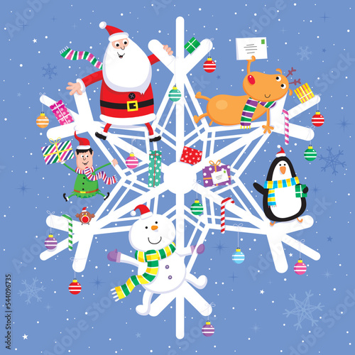 Christmas card design of Santa, Rudolph the red-nosed reindeer , snowman, penguin, elf, and robin red-breast on a big snowflake wth gifts and decorations against an outdoor snowy background scene.