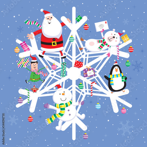 Christmas card cartoon design of Santa, bear, snowman, penguin, elf, and a robin red-breast on top of a big snowflake wth gifts and decorations against an outdoor snowy background scene.