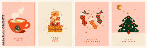 Collection of New Year's and Christmas posters. Cocoa mug, gift boxes, holiday stockings and Christmas tree