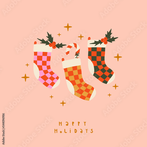 Merry Christmas Checkerboard Stockings Poster