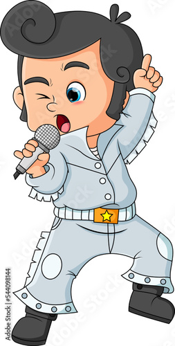 The boy is singing very good with a elvis costume that he wears