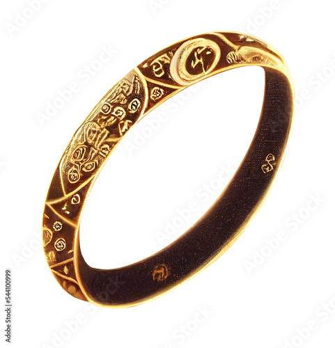 Fantasy glowing mythical ring. Golden treasure. Medieval magical alchemy ring of light. Rune symbols and ornate. Isolated transparent background. 