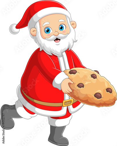 Santa claus enjoys delicious a big chocolate cookies snack