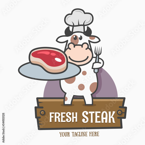 Funny cartoon butcher shop mascot. Happy Cow chef holding a steak and fork. Design for print, emblem, t-shirt, party decoration, sticker, logotype.