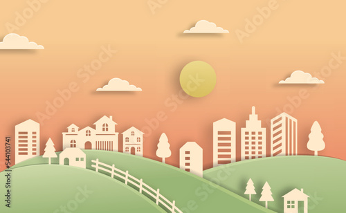 Paper art style for architectural building and cityscape background, Vector illustration modern background.