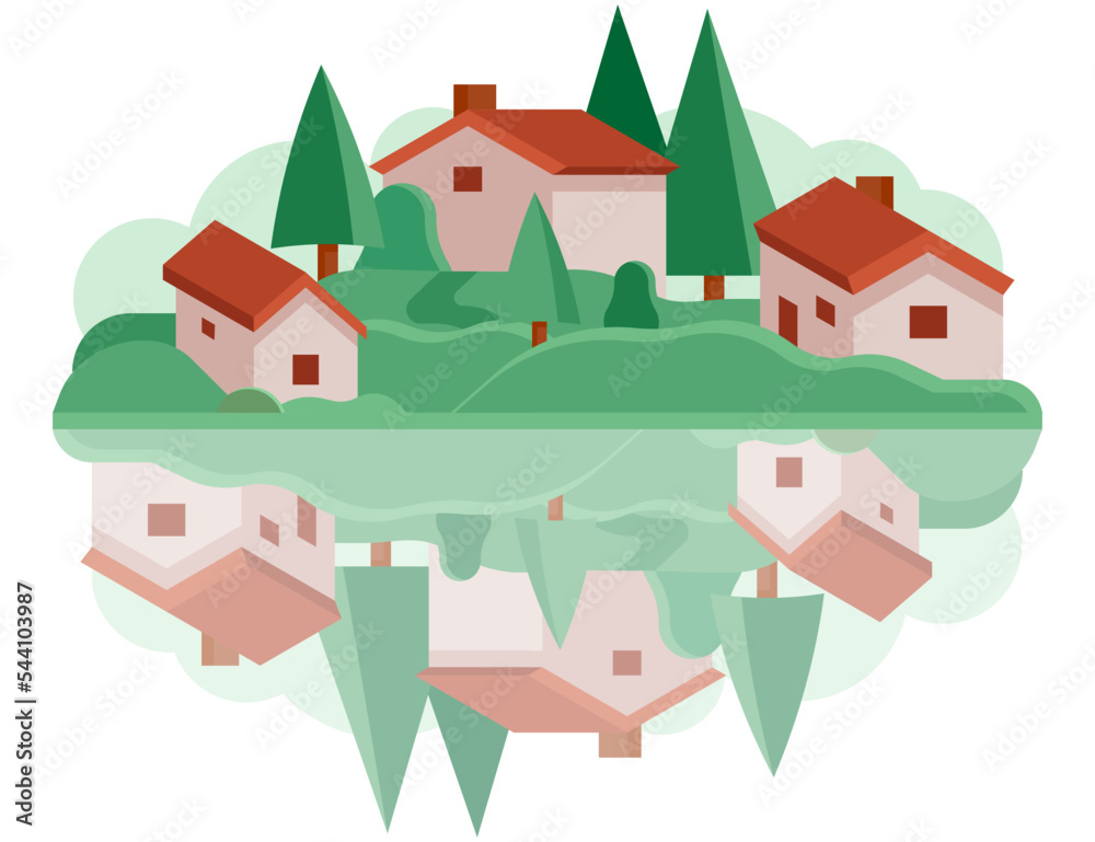 Landscape with houses. Green Hills with Local Houses as Cozy Cityscape or Urban Landscape Vector Illustration