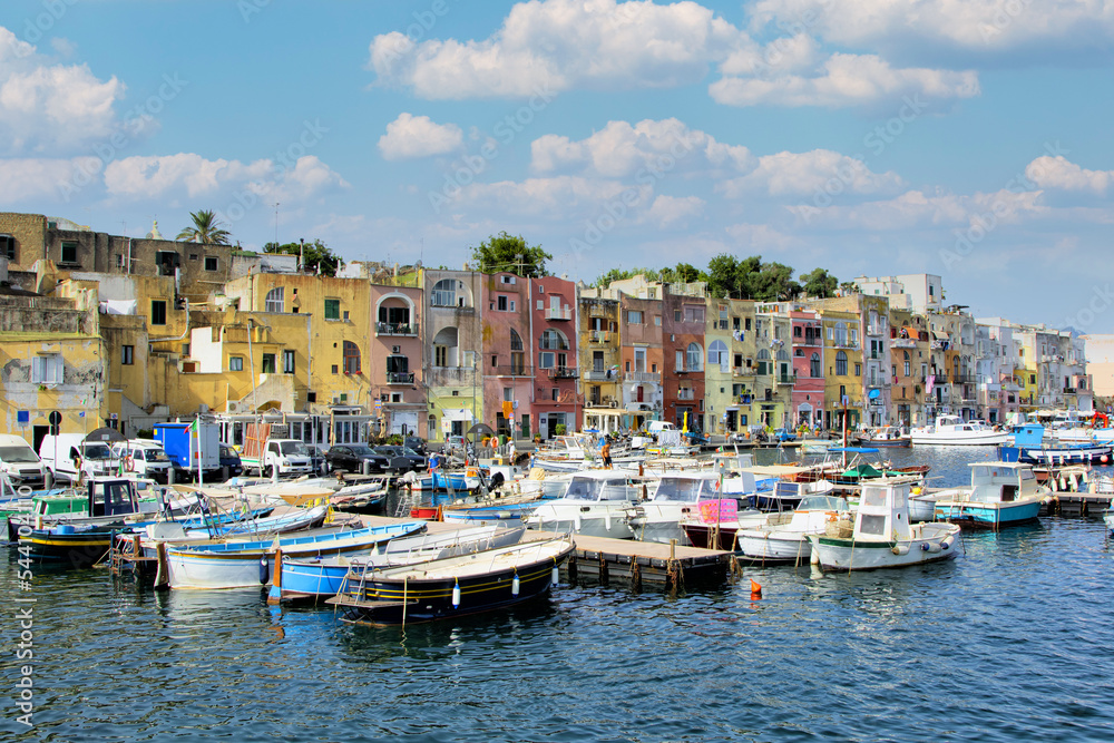 View of the  colorful harbor of the island of Procida Naples Italy