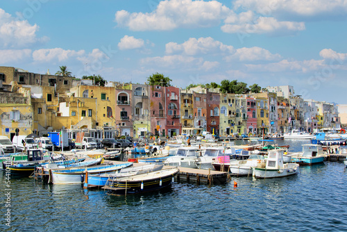 View of the colorful harbor of the island of Procida Naples Italy