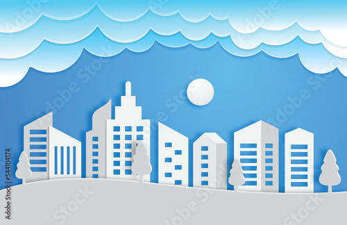 Paper art style for architectural building and cityscape background, Vector illustration modern background.