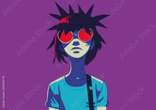 Cool anime character with fancy glasses and hairs, illustrated manga portrait 