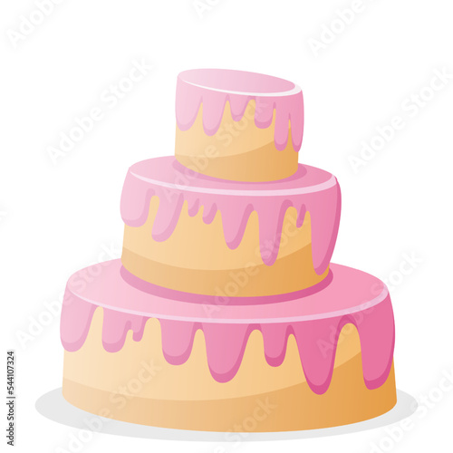 Cake three tiers with creamy pink filling in cartoon style isolated on white background. Vector illustration for holiday design, dessert and bakery advertising.