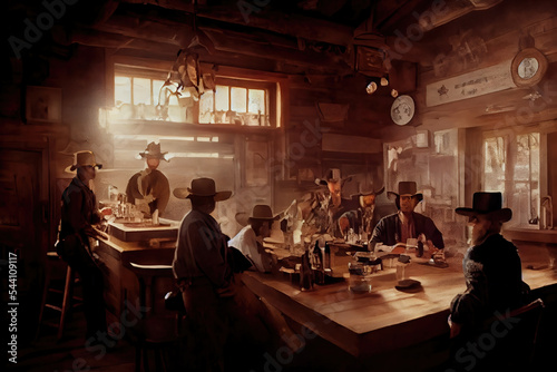 AI generated image of cowboys and barmaids inside a saloon in the wild wild west 