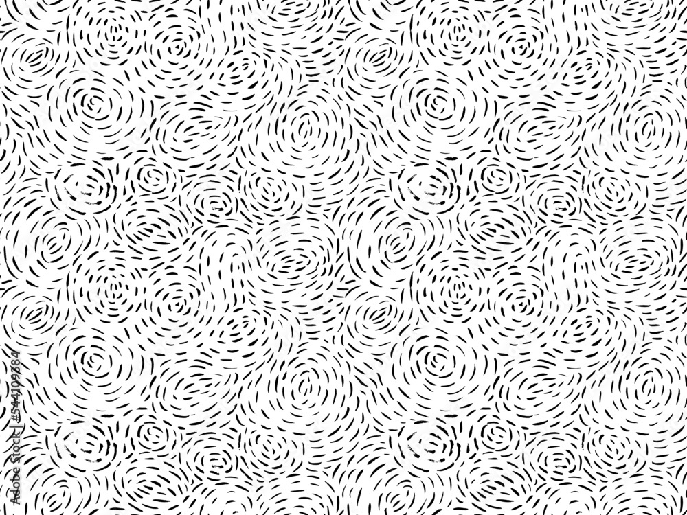 Seamless pattern with dashed strokes. Hand drawn hatching texture, chaotic short lines in swirls. Brush drawn random dots and strokes ornament. Vector black and white doodle pattern. 