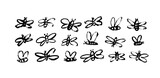 Childish style bees illustrations isolated on white background. Brush drawn abstract black flying bees. Random black and white butterflies silhouettes. Vector trendy simple insects. 