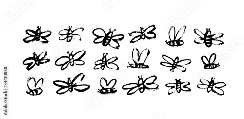 Childish style bees illustrations isolated on white background. Brush drawn abstract black flying bees. Random black and white butterflies silhouettes. Vector trendy simple insects.  © Анастасия Гевко