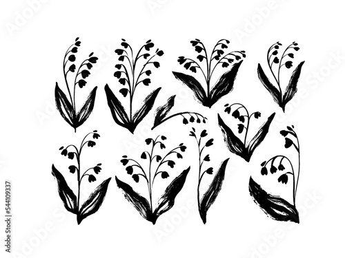 Brush drawn snowdrop flowers isolated on white background. Spring flowers with small blooming and thin stems. Vector small bells illustrations. Black and white botanical ink illustration.