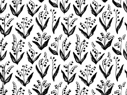 Brush drawn snowdrop flowers seamless pattern. Spring flowers with small blooming and thin stems. Vector small bells ornament. Black and white botanical ink illustration. Vintage romantic nature print