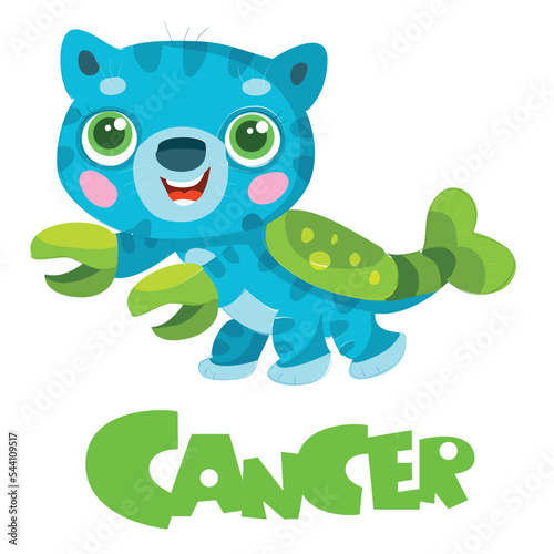 zodiac sign cancer, blue cat with green ticks and shell, year of the cat, isolated object on a white background, cartoon illustration, vector,