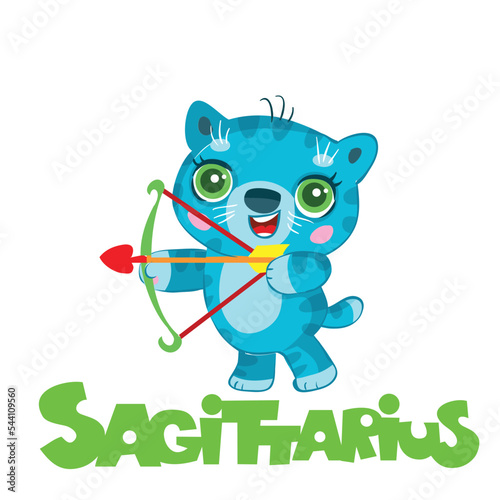 sagittarius zodiac sign, blue cat archer, year of the cat, isolated object on white background, cartoon illustration, vector,