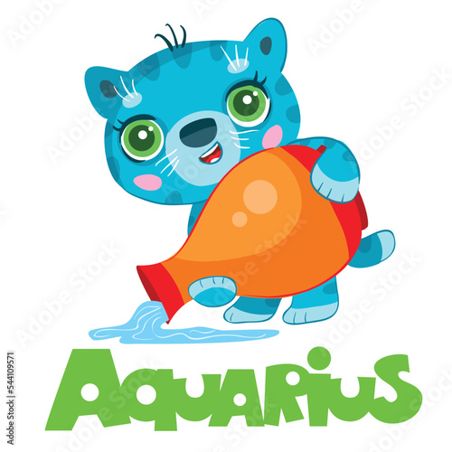 Aquarius zodiac sign, blue cat pours water from a jug, year of the cat, isolated object on a white background, cartoon illustration, vector,