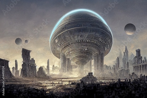Alien spacecraft appeared over ancient cities,Science fiction illustration. #544110134