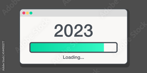 2023 loading window white. Green Progress bar. Happy New Year.