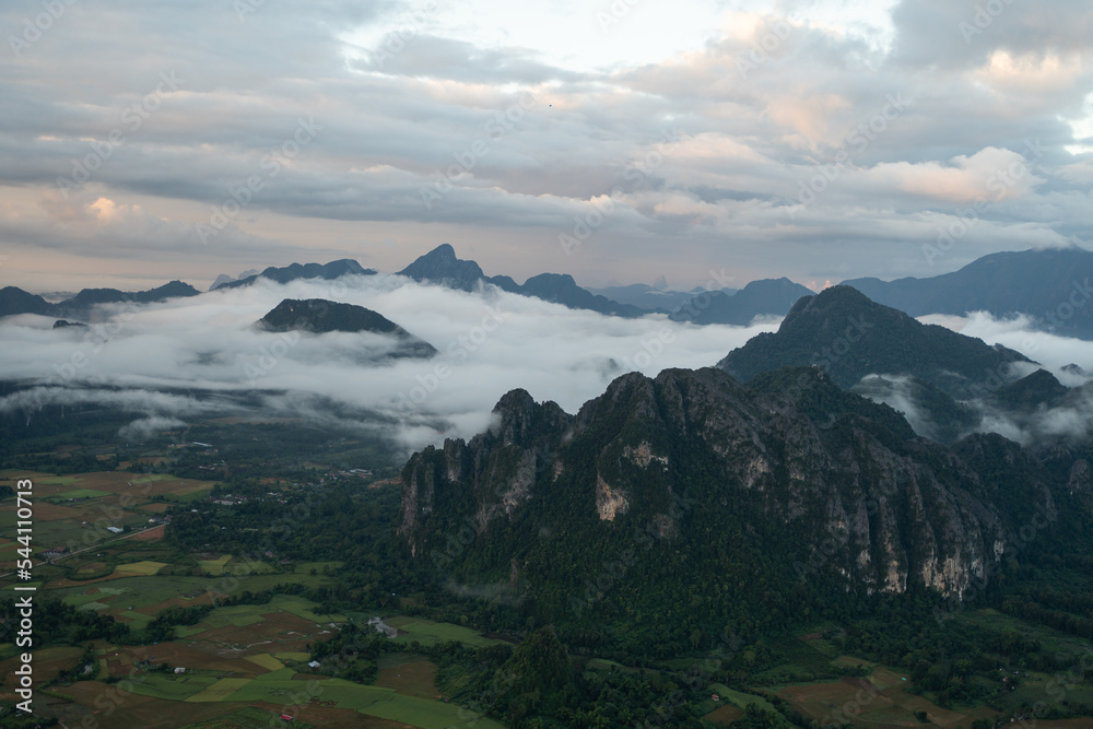 Aerial view of beautiful mountains, famous tourist attraction of Laos, Vang Vieng, aerial view.