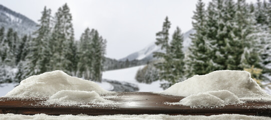 Podium of free space and winter landscape. 
