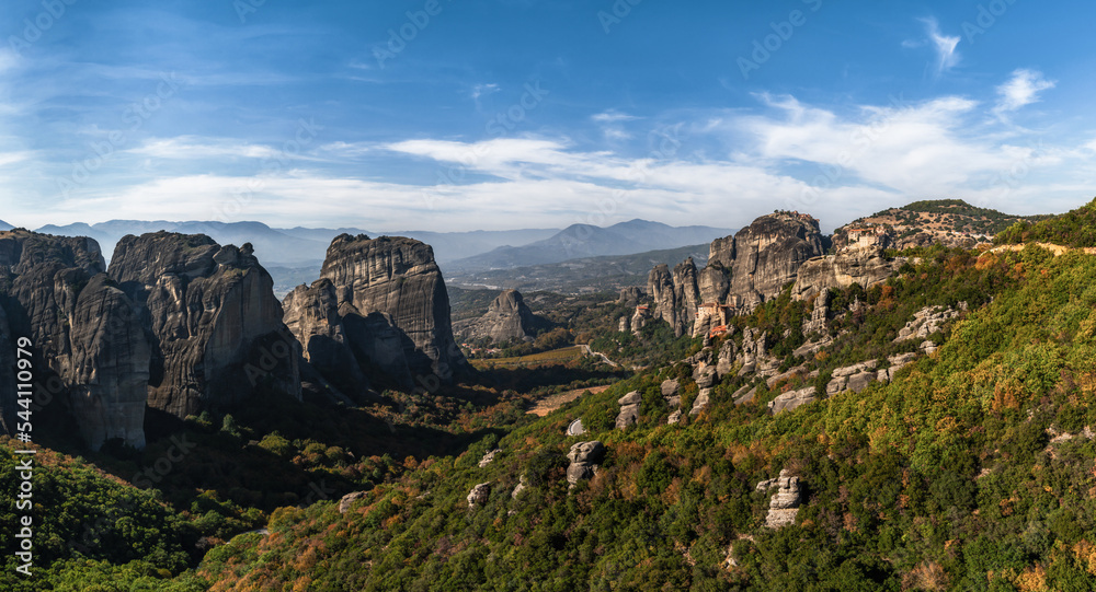 panorama landscape view of the monasteries and rock formations of Meteora in Greece