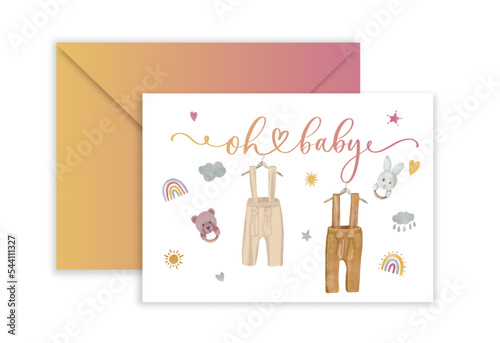 Oh Baby card with watercolor baby toy and clothes. Rustic Dusty Floral Cottagecore Gender Reveal invitation for baby shower party.