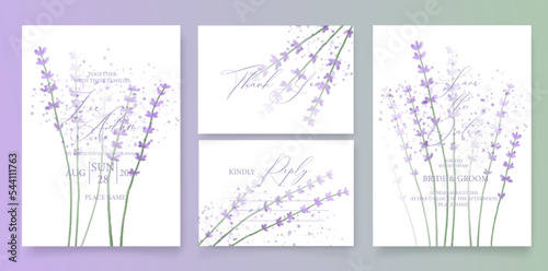 Wedding invitation template, with watercolor lavender and calligraphy.
