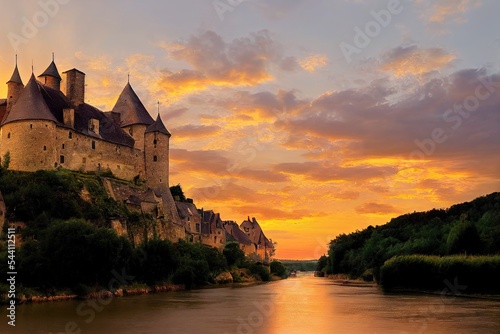 Beynac et Cazenac village with medieval Chateau Beynac on dramatic sunset, Dordogne, France