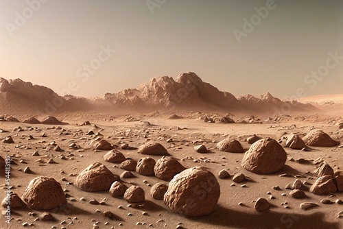 Photo base on Mars, first colonization, martian colony in desert landscape on the red