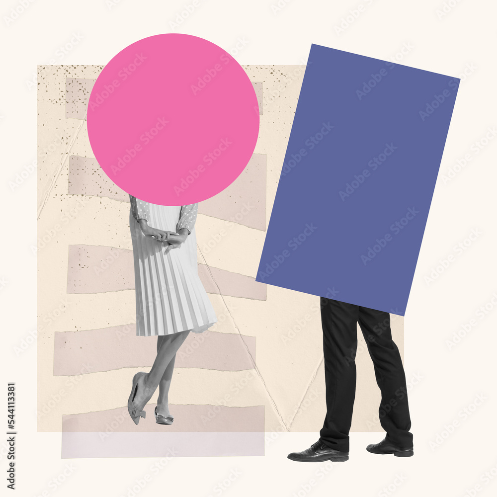 Contemporary art collage of retro couple on pastel background with speech bubble, copy space. Concept of romance, proposal, love, relationship, creativity, imagination, inspiration, ad - obrazy, fototapety, plakaty 
