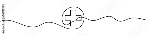 Continuous linear drawing of hospital sign. Medical cross icon. Abstract background drawn with one line. Vector illustration.
