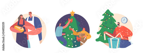 Set Young Couple Celebrate Christmas Holiday Isolated Round Icons or Avatars. Man and Woman Packing Gifts  Cooking