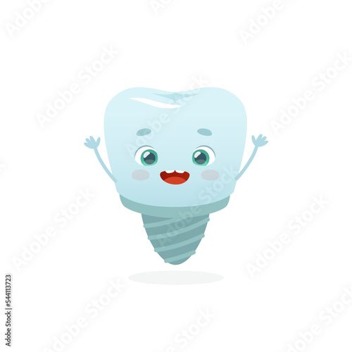 Cute dental implant. Cartoon implant tooth mascot for kids orthodontic clinic. Dental crown with kawaii face.