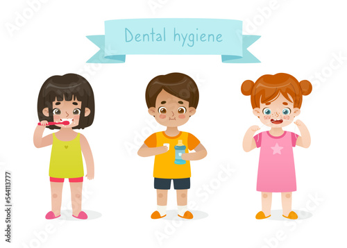Set of cartoon children brush their teeth. Dental hygiene collection for children. Babies take care of their teeth.