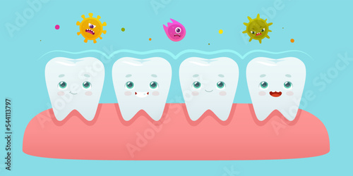 Bacterial attack and protection aura on teeth row in the gum. Cartoon microbes attack. Dental problem illustration for kids.