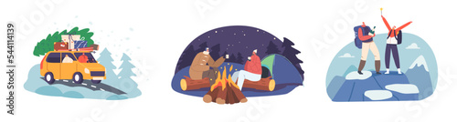 Set Couple Travel for Christmas Holidays, Male and Female Characters on Winter Vacation. Loving Man and Woman
