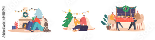 Set Young Loving Couple Celebrate Christmas, Sitting at Table, Drinking Tea, Chatting, Watching Movie on Laptop