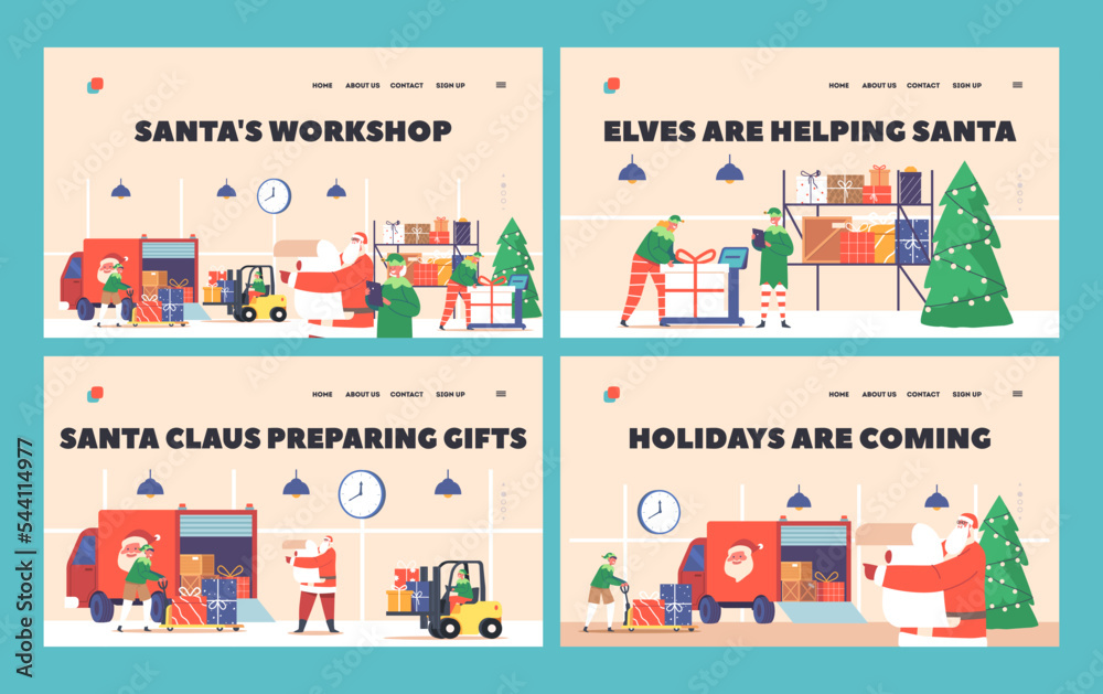 Santa Workshop Landing Page Template Set. Santa Claus and Elves Helpers Loading Gifts in Truck for Delivery to Children