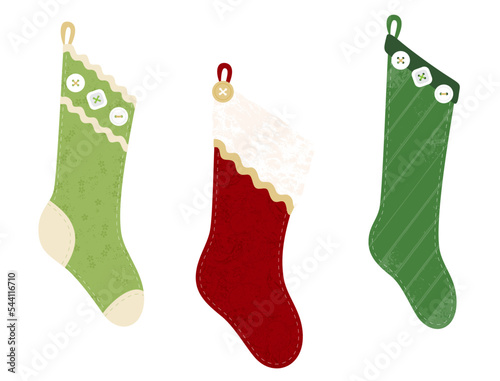 Christmas stockings in a fabric look style with stitching and buttons
