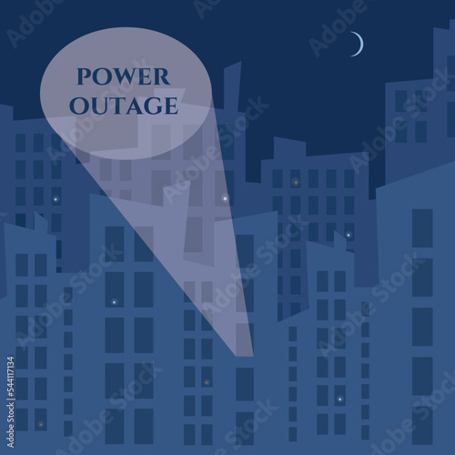 Power outage on the background of the night sky and city without electricity. Night city blackout, vector illustration. Dark city skyline.