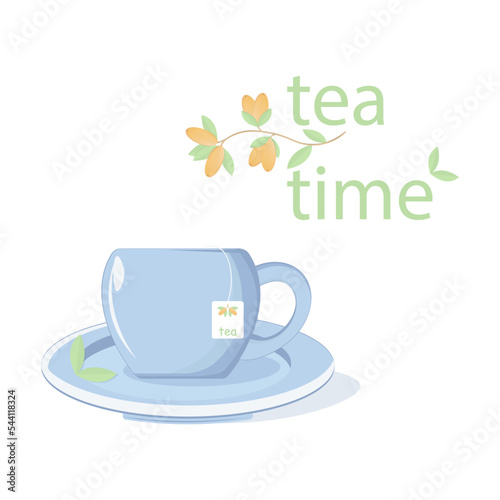 Cup of tea, mug, healthy food, sea buckthorn and logo ''teatime''. Vector illustration.